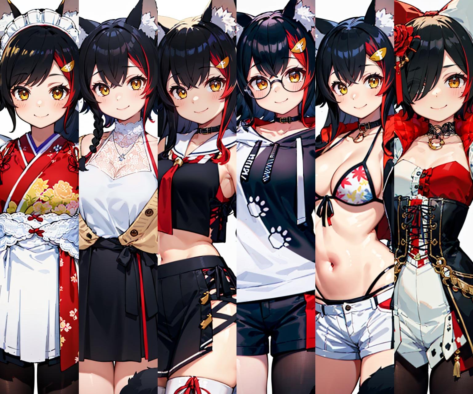 1girl, solo, (white background:1.4), simple background, standing, cowboy shot, smile, miodefault, long hair, hair ornament, sailor collar, black shirt, black skirt, detached sleeves, midriff, kouhaku nawa, (white thighhighs:1.2), milf, mature female, tall, curvy, wolf tail <lora:ookami mio 6 outfits:1>