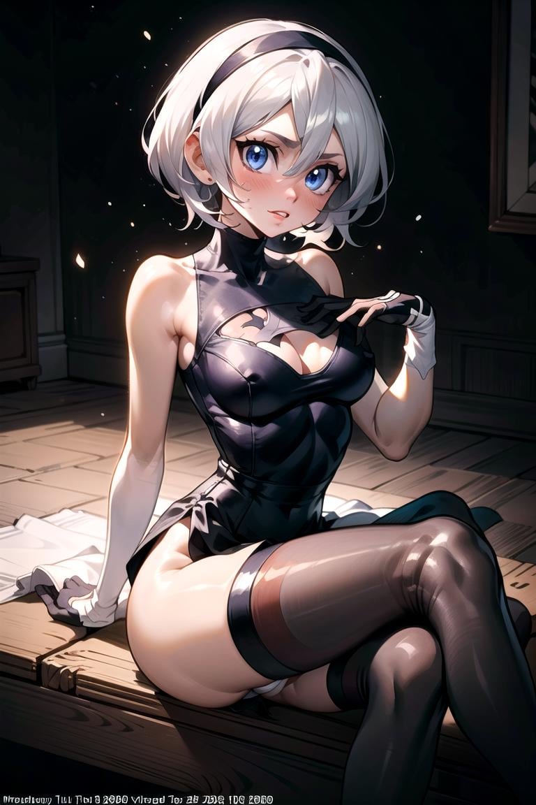 AGGA_ST011,  masterpiece,  best quality,  mature female,  1girl,  hairband,  wristband,  choker,  blushhm2b,  blue eyes,  clothing cutout,  sleeveless,  black thighhighs,  black gloves,  underboob,  cotton pencil skirt,  upskirt, beautiful face,  slim,  wide hips,  (abs:0.6),  sexy, white thong,  sitting, <lora:EMS-54507-EMS:0.800000>, , <lora:EMS-3244-EMS:0.800000>