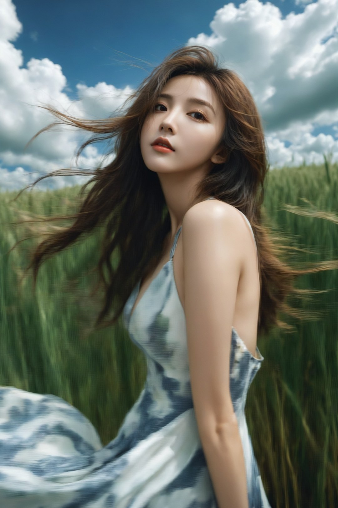 (masterpiece,best quality),HDR,high-definition,[[[Intricate Details]]],cinematic,photorealistic,1girl, (nsfw:0.7), flowy dress, illustration, fisheye lens, high contrast, sharp focus, digital painting, beautiful clouds, flowing hair, high grass, high angle, very deep eyes, cute face,monkren