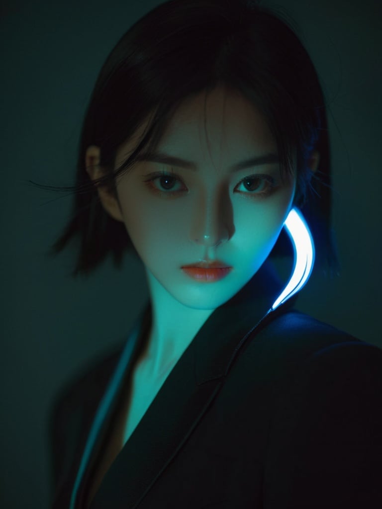 , xxmixgirl, 1girl, cyberpunk, glowing eyes, sharp jawline, deep photo, shadows, dark shot, dynamic pose, sanpaku eyes, aegyo sal, blurry background, natural blurry, film grain
, monkren