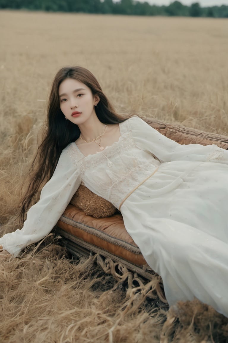  liuyifei sitting on top of a couch in a field, skinny girl in white boho dress, lalisa manobal, alluring girl with long blonde hair, ethereal flowerpunk, feral languid woman, barren landscape, imogen poots, skinny body, desolated, monkren