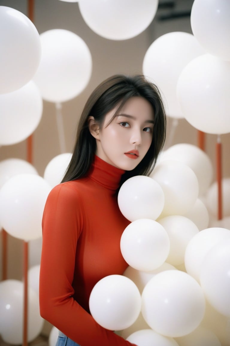  breathtaking cinematic film still, Cowboy_Shot, blouse ,, a cinematic fashion portrait photo of beautiful young woman from the 90s wearing a red turtleneck standing in the middle of a ton of white balloons, dramatic lighting, taken on a hasselblad medium format camera, looks like liuyifei, white balloon, shallow depth of field, vignette, highly detailed, high budget, bokeh, cinemascope, moody, epic, gorgeous, film grain, grainy . award-winning, professional, highly detailed,sc,monkren,wlop