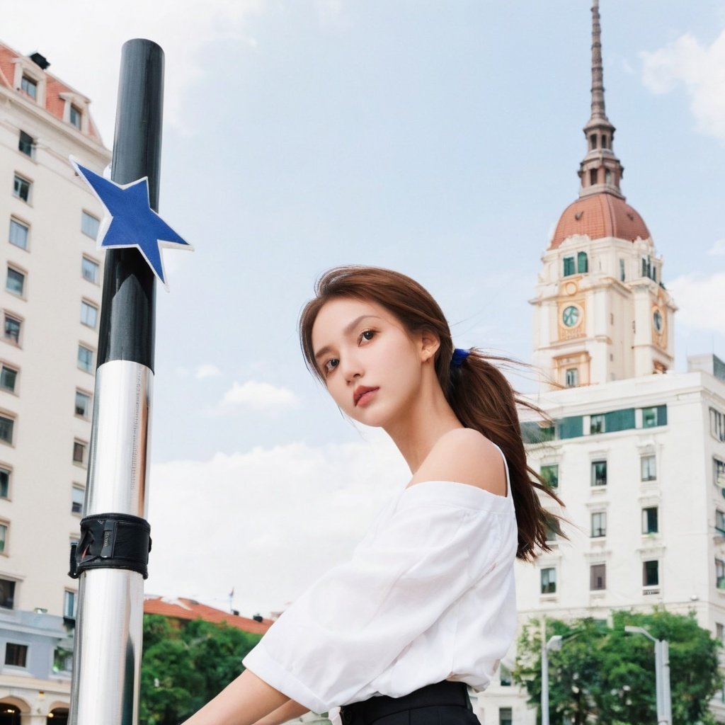 a woman leaning on a pole in a city with buildings in the background and a white shirt with a black star on it