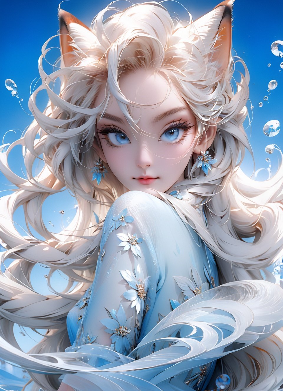 masterpiece, best quality,official art, extremelydetailed cg 8k wallpaper,(flying petals)(detailed ice) , crystalstexture skin, coldexpression, ((fox ears)),white hair, longhair, messy hair, blue eye,looking at viewer,extremely delicate andbeautiful, water, ((beautydetailed eye)), highlydetailed, cinematiclighting, ((beautiful face),fine water surface, (originalfigure painting), ultra-detailed, incrediblydetailed, (an extremelydelicate and beautiful),beautiful detailed eyes,(best quality),CHIBI,monkren