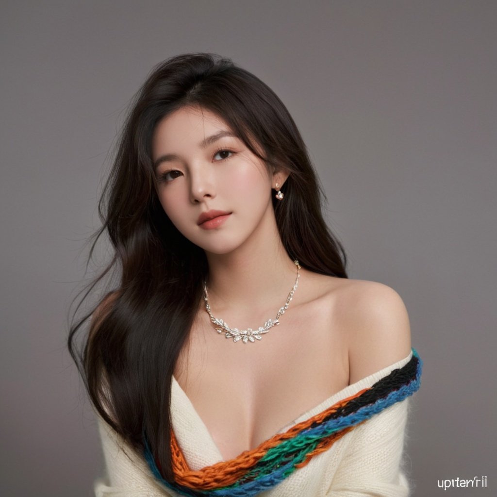 a woman with long hair wearing a white sweater and a colorful scarf over her shoulders and a black bra, 1girl, bare shoulders, black hair, closed eyes, lips, long hair, necklace, off shoulder, realistic, solo, upper body, watermark, web address