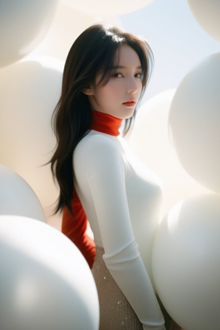  breathtaking cinematic film still, Cowboy_Shot, blouse ,, a cinematic fashion portrait photo of beautiful young woman from the 90s wearing a red turtleneck standing in the middle of a ton of white balloons, dramatic lighting, taken on a hasselblad medium format camera, looks like liuyifei, white balloon, shallow depth of field, vignette, highly detailed, high budget, bokeh, cinemascope, moody, epic, gorgeous, film grain, grainy . award-winning, professional, highly detailed,sc,monkren,wlop