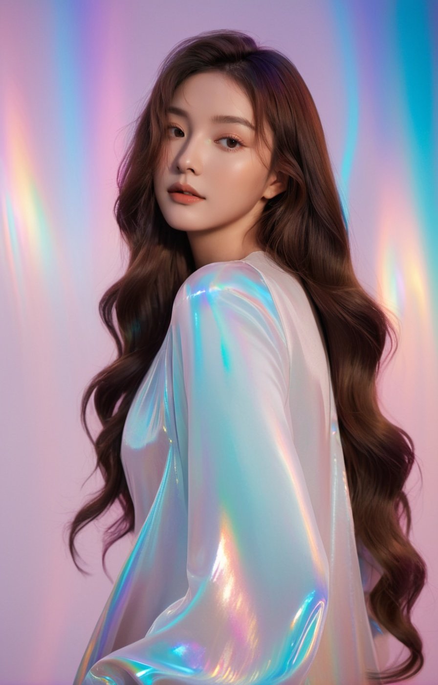 1girl, solo,long wavy hair,flowing rainbow colored holographic background,portrait, holographic, iridescent, vaporwave, fluid,niji style,realistic,monkren