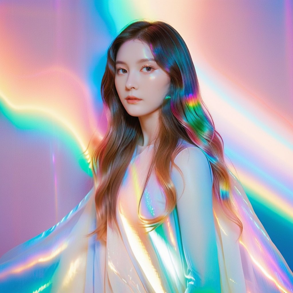  1girl, solo, long wavy hair, flowing rainbow colored holographic background, portrait, holographic, iridescent, vaporwave, fluid, niji style, realistic
, realistic, Fairy