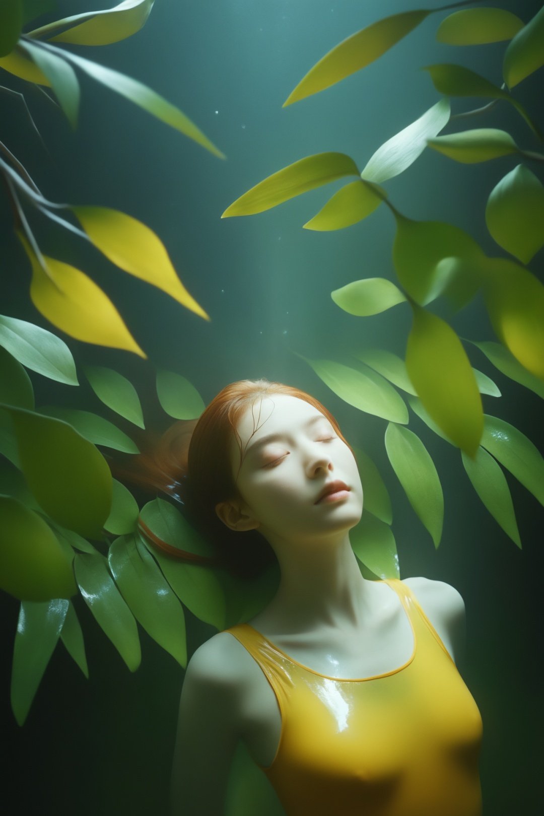  raw photo,yellow spotlight,hyperrealistic,extremely high-resolution details,realism pushed to extreme,fine texture,4k,ultra-detailed,high quality,1girl,from above,parted llips,red hair,closed eyes,partially submerged,underwater,(black sex bodysuit),dynamic pose,(wet surface:0.6),at night,Depth of field,surrounded by leaves,leaves in foreground,jungle,dark theme,frost fog,high contrast,complex background,light and shadow play,, realistic, monkren, Fairy