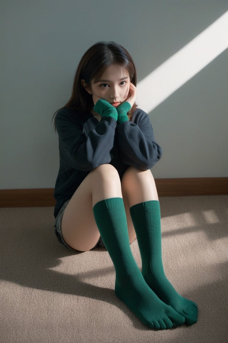  1girl sitting on the carpet, legs crossed, dark green gradient socks, soft lighting, hands 101, monkren