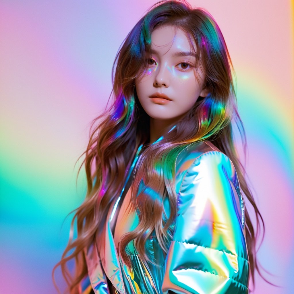  1girl, solo, long wavy hair, flowing rainbow colored holographic background, portrait, holographic, iridescent, vaporwave, fluid, niji style, realistic
