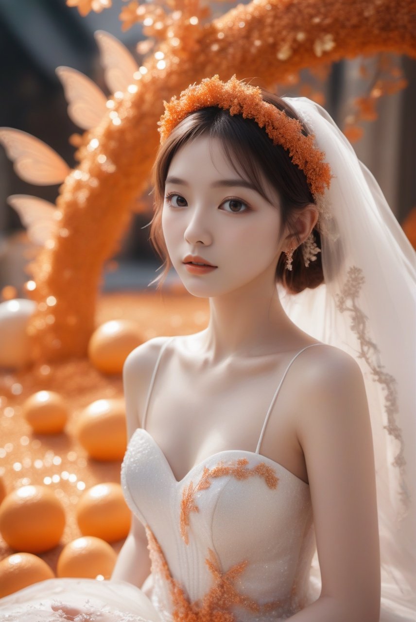  (((Fairy))), Story, bride posing under a fairy tale, elaborate scene style, glitter, orange, realistic style, 8k, exposure blend, medium shot, bokeh, (hdr:1.4), high contrast, (cinematic, orange and white film), (muted colors, dim colors, soothing tones:1.3), low saturation, (hyperdetailed:1.2), (noir:0.4), Fairy,wlop, monkren