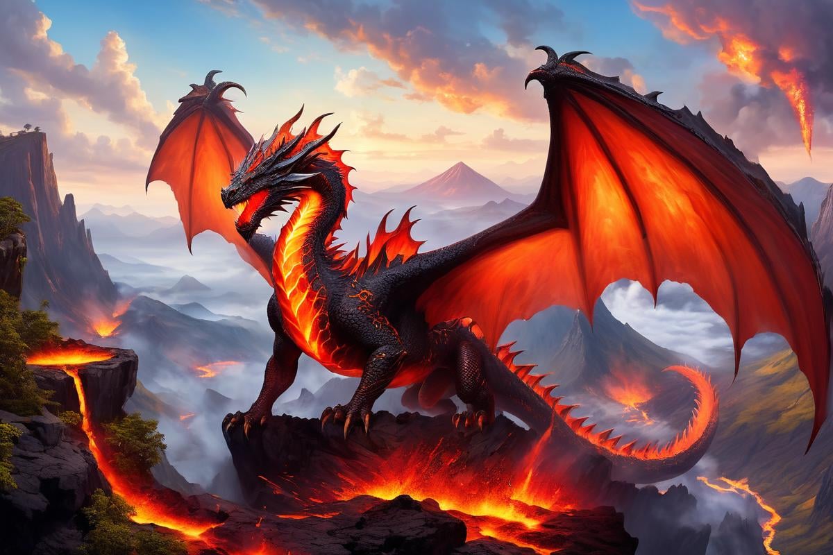 magma dragon on top of a volcanic cliff watching over a valley<lora:Classic Western Dragons XL:0.5>