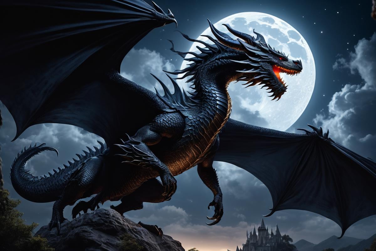 black dragon flying under the moon<lora:Classic Western Dragons XL:0.8>, (masterpiece),  best quality, highres, 4k, 8k, Detailed Illustration, intricate detail, cinematic lighting, amazing quality, 1girl, fit female, amazing shading, soft lighting, facing camera, perfect eyes