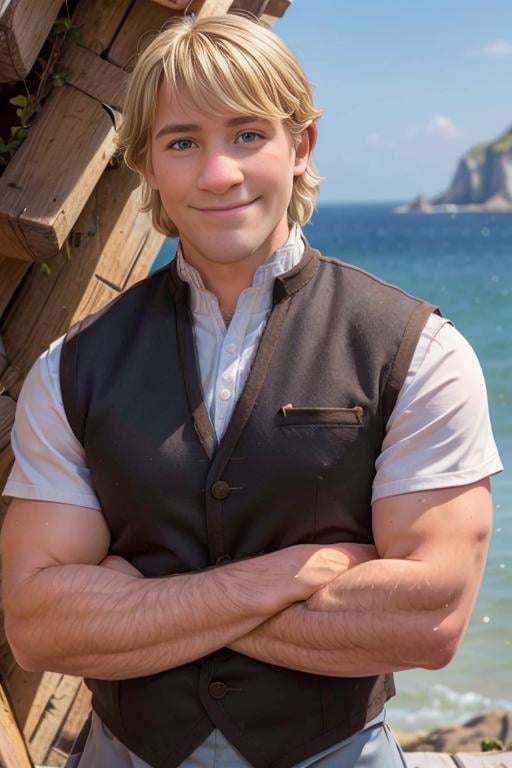 kristoff_bjorgman, smile, solo, muscular, 1man, blonde hair, big forearms, hairy arms, crossed arms, stubble, brown eyes, upper body, male focus, vest,  outdoors,  day, vest, blue sky, seaside  <lora:kristoff_bjorgman:0.65>