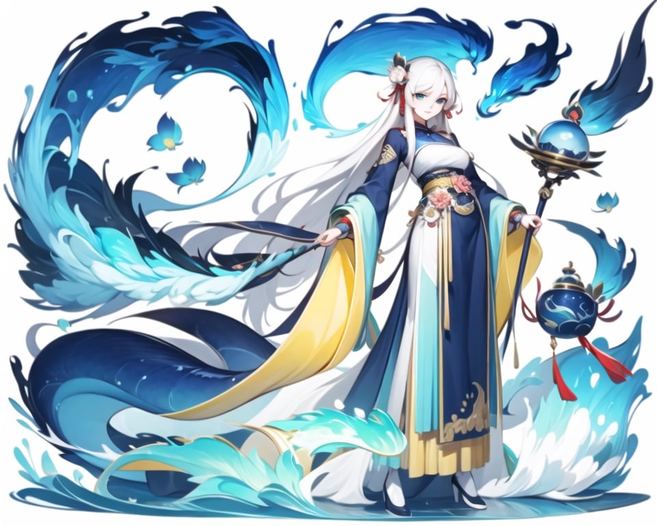 (masterpiece, best quality,top quality),chinese clothes,solo, 1girl,white long hair, white background, full body, blue eyes, long sleeves,(holding a water ball),simple background, looking at viewer, wide sleeves, holding, standing, blue footwear, hair ornament, staff, shawl, hagoromo, hair rings, petals, shoes, sleeves past wrists, ribbon, a pool under feet,lotus,(wave water surround),blue fire,((metal decoration))