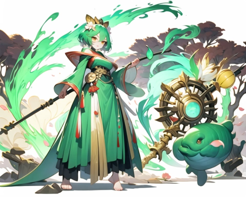 (masterpiece, best quality,top quality),simple background,white background, chinese clothes,solo,1 girl,green hair, full body, brown eyes, long sleeves,(holding a bow),fighting pose,looking at viewer, wide sleeves, holding, standing, no footwear,leg naked, hair ornament, staff, shawl, hagoromo, hair rings, petals, sleeves past wrists, ribbon,vines under feet,( tree in background),green fire,((metal decoration))