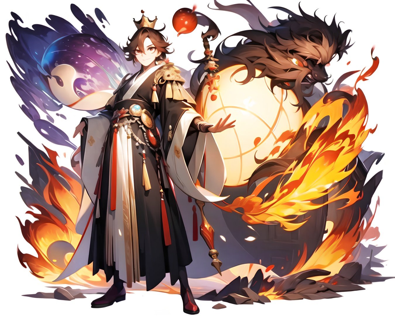 (masterpiece, best quality,top quality),solo, 1man, brown hair, white background, full body, brown eyes, long sleeves, holding fire ball,simple background, looking at viewer, wide sleeves, holding, standing, purple footwear, hair ornament, staff, shawl, hagoromo,  smile, hair rings, petals, shoes, sleeves past wrists, ribbon, crown fly,many sun in background,((metal decoration))