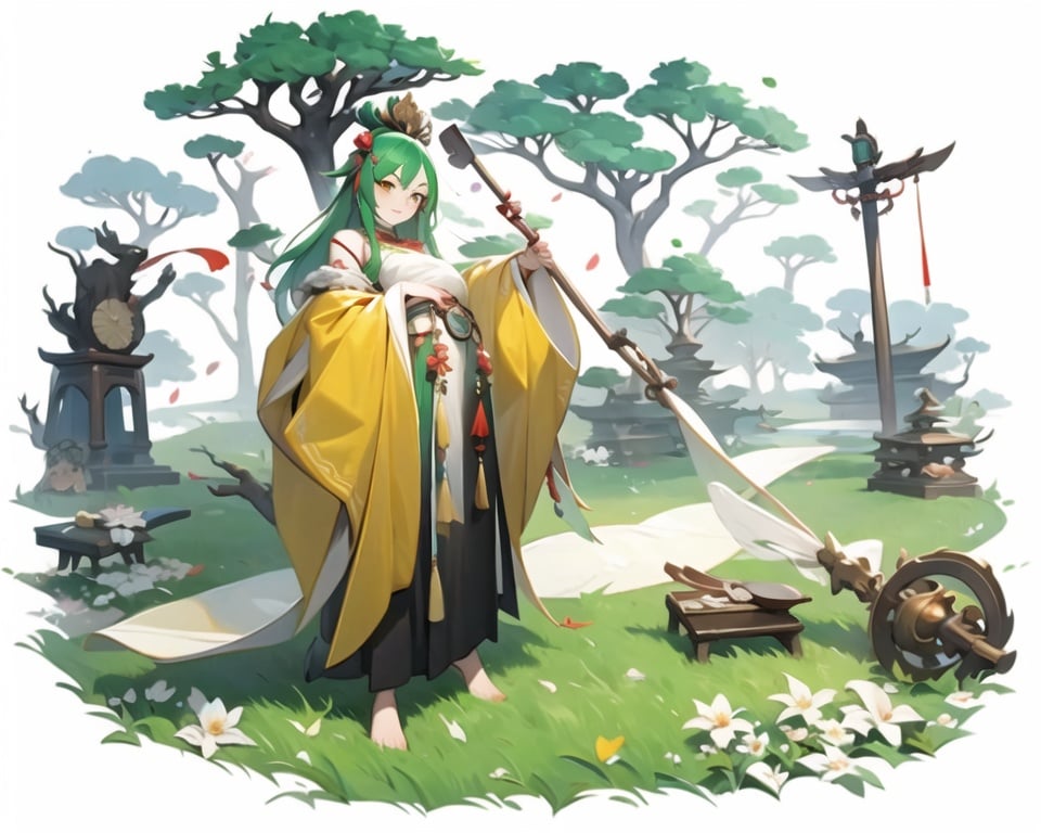 (masterpiece, best quality,top quality),simple background,white background, chinese clothes,solo,1 girl,green hair, full body, brown eyes, long sleeves,(holding a bow),fighting pose,looking at viewer, wide sleeves, holding, standing, no footwear,leg naked, hair ornament, staff, shawl, hagoromo, hair rings, petals, sleeves past wrists, ribbon, earth under feet,grass,(wood tree vine in background),((metal decoration))