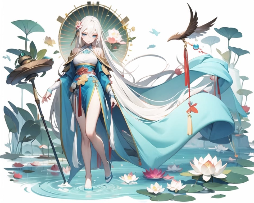 (masterpiece, best quality,top quality),chinese clothes,solo, 1girl,white long hair, white background, full body, blue eyes, long sleeves,(holding a water ball),simple background, looking at viewer, wide sleeves, holding, standing, blue footwear, hair ornament, staff, shawl, hagoromo, hair rings, petals, shoes, sleeves past wrists, ribbon, a pool under feet,lotus,((metal decoration))