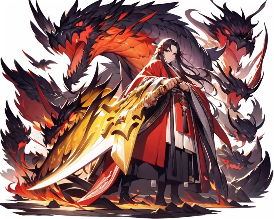 (masterpiece, best quality,top quality),solo, weapon, male focus, sword,red eyes, long hair, white background, fur trim, sheath, holding, black hair, simple background, holding weapon, red theme,wide sleeves, sheathed, looking at viewer, standing, holding sword, tassel, long sleeves, closed mouth, 1boy, chinese clothes, hanfu, fire fly,1 dragon head in background,((metal decoration))