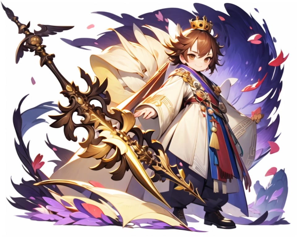 (masterpiece, best quality,top quality),solo, 1man, brown hair, white background, full body, brown eyes, long sleeves, holding a big sword,simple background, looking at viewer, wide sleeves,pants,holding, standing, purple footwear, hair ornament, staff, shawl, hagoromo,  smile,petals, shoes, sleeves past wrists, ribbon, crown fly,many sun in background,((metal decoration))