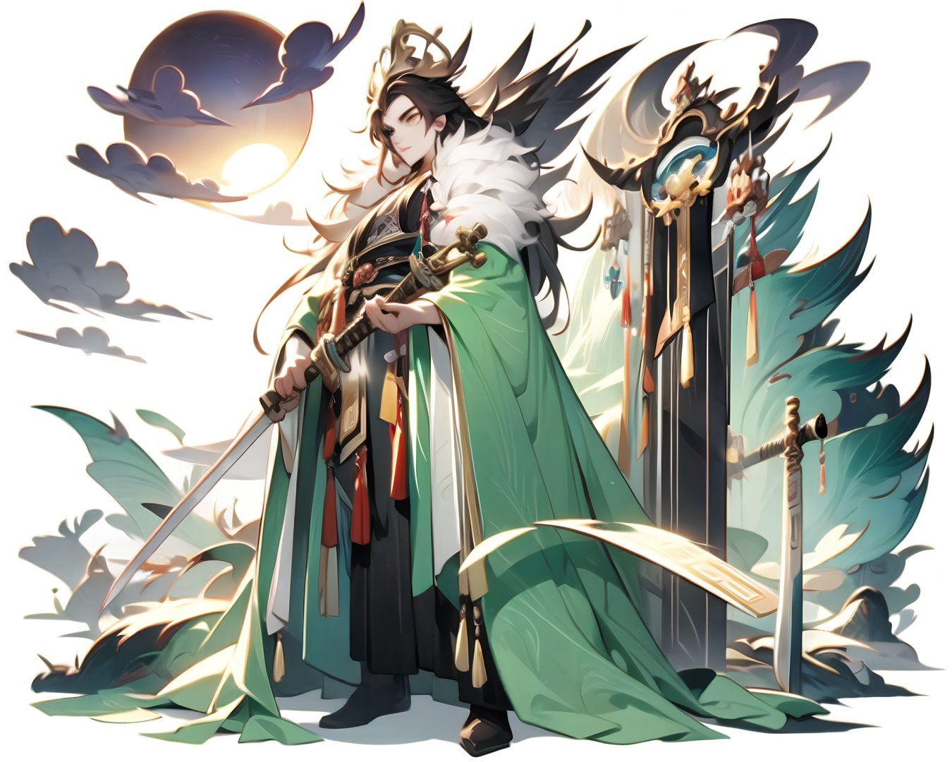 (masterpiece, best quality,top quality),solo, weapon, male focus, sword, long hair, white background, fur trim, sheath, holding, black hair, simple background, holding weapon, wide sleeves, sheathed, looking at viewer, standing, holding sword, tassel, long sleeves, closed mouth, 1boy, chinese clothes, hanfu, crown fly,many sun in background,((metal decoration))