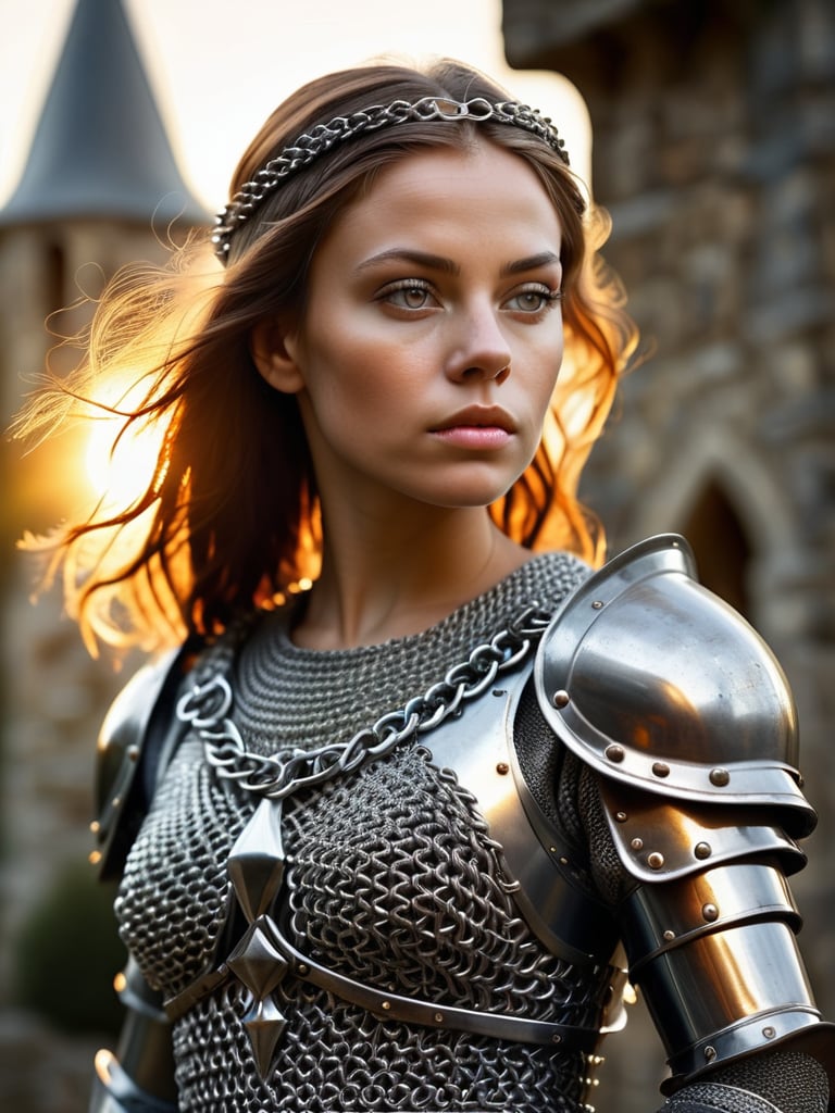 (masterpiece), (extremely intricate:1.3), (realistic), portrait of a girl, the most beautiful in the world, (medieval armor), metal reflections, upper body, outdoors, intense sunlight, far away castle, professional photograph of a stunning woman detailed, sharp focus, dramatic, award winning, cinematic lighting, , volumetrics dtx, (film grain, blurry background, blurry foreground, bokeh, depth of field, sunset,interaction, Perfectchainmail