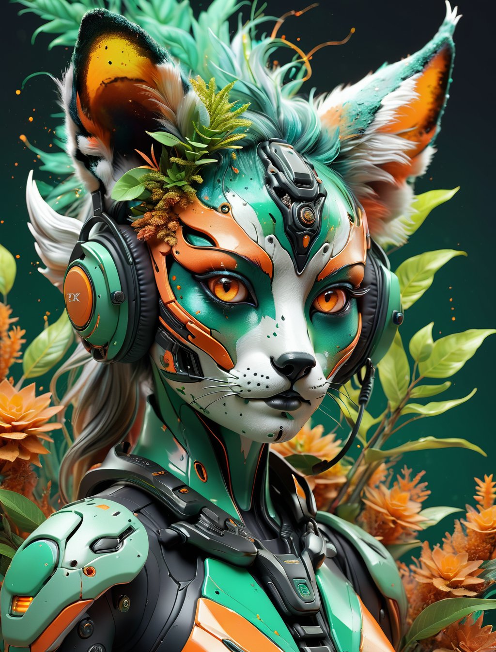 (masterpiece:1.1), (highest quality:1.1), (HDR:1.0), extreme quality, cg, (negative space), detailed face+eyes, 1girl, fox ears, animal ear fluff, (plants:1.18), (fractal art), (bright colors), splashes of color background, colors mashing, paint splatter, complimentary colors, neon, (thunder tiger), compassionate, electric, limited palette, synthwave, fine art, tan skin, upper body, (green and orange:1.2), time stop, sy3, SMM