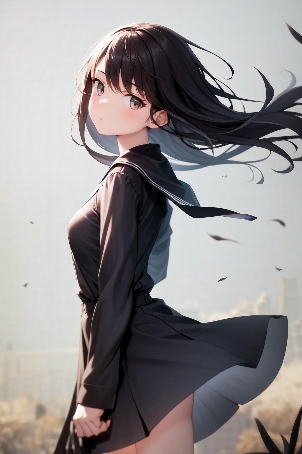 masterpiece, best quality, highres, 1girl, expressionless, wind blowing, standing, from side, looking at viewer, shaft head tilt  <lora:shaft_head_tilt2:0.5>