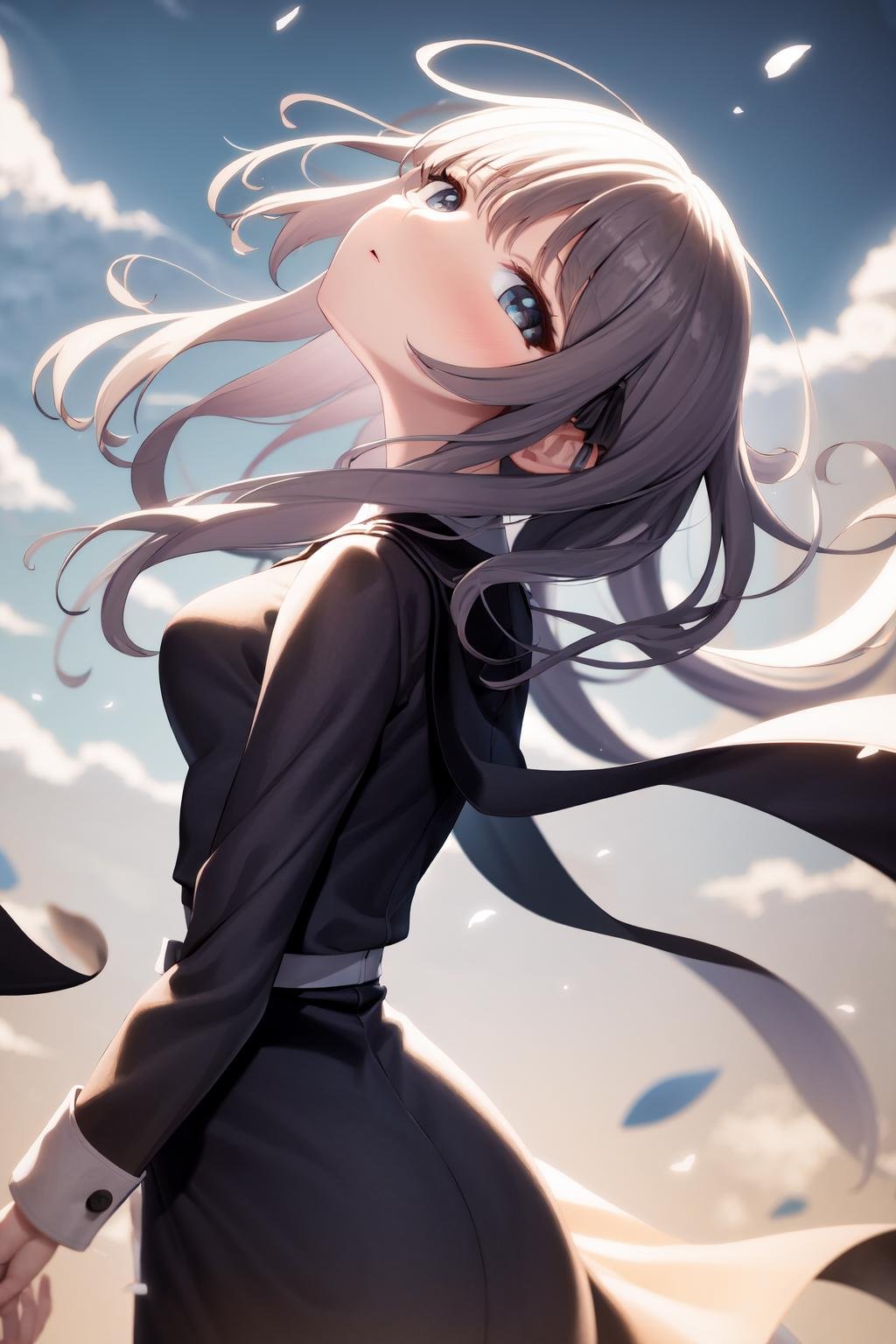 masterpiece, best quality, highres, 1girl, expressionless, wind blowing, standing, from behind, looking at viewer, shaft head tilt  <lora:shaft_head_tilt2:1.4>