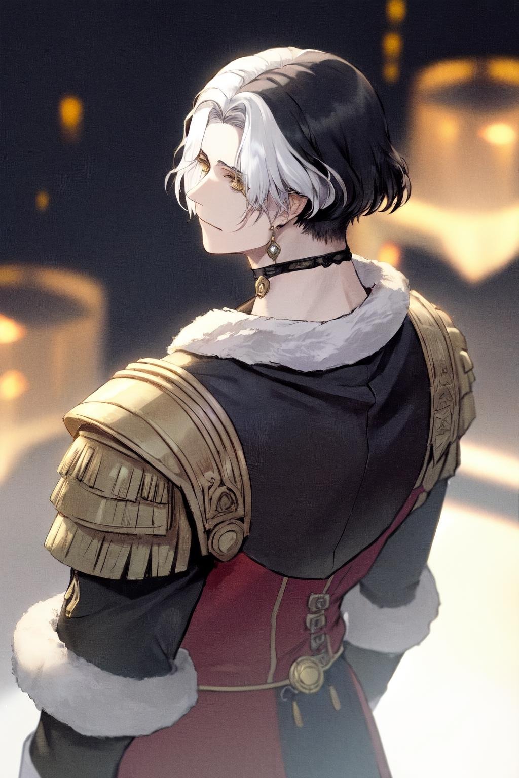 masterpiece, best quality, highres, 1boy, solo, emet selch, white streaked hair, black hair <lora:emet_selch3-000001:1> from behind