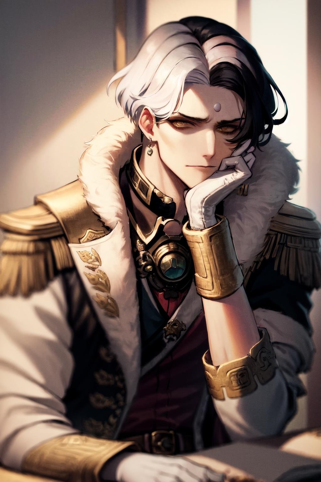 masterpiece, best quality, highres, 1boy, solo, emet selch, white streaked hair, black hair <lora:emet_selch3-000001:1>, sitting, hand on own chin, looking at viewer, upper body, serious, shaded face <lora:shaded_face2_pruned_0:1>