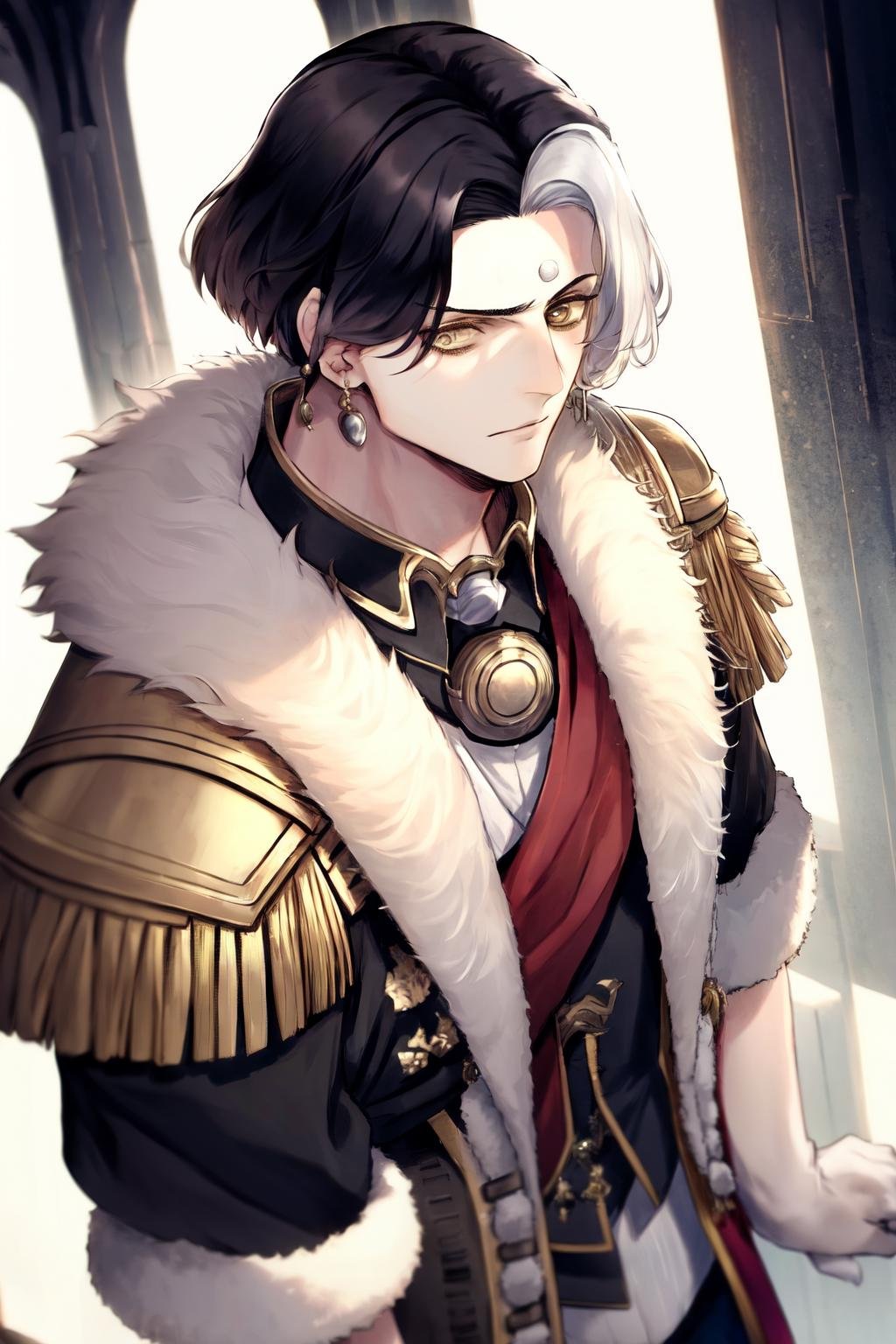 masterpiece, best quality, highres, 1boy, solo, emet selch, white streaked hair, black hair <lora:emet_selch3-000001:1>