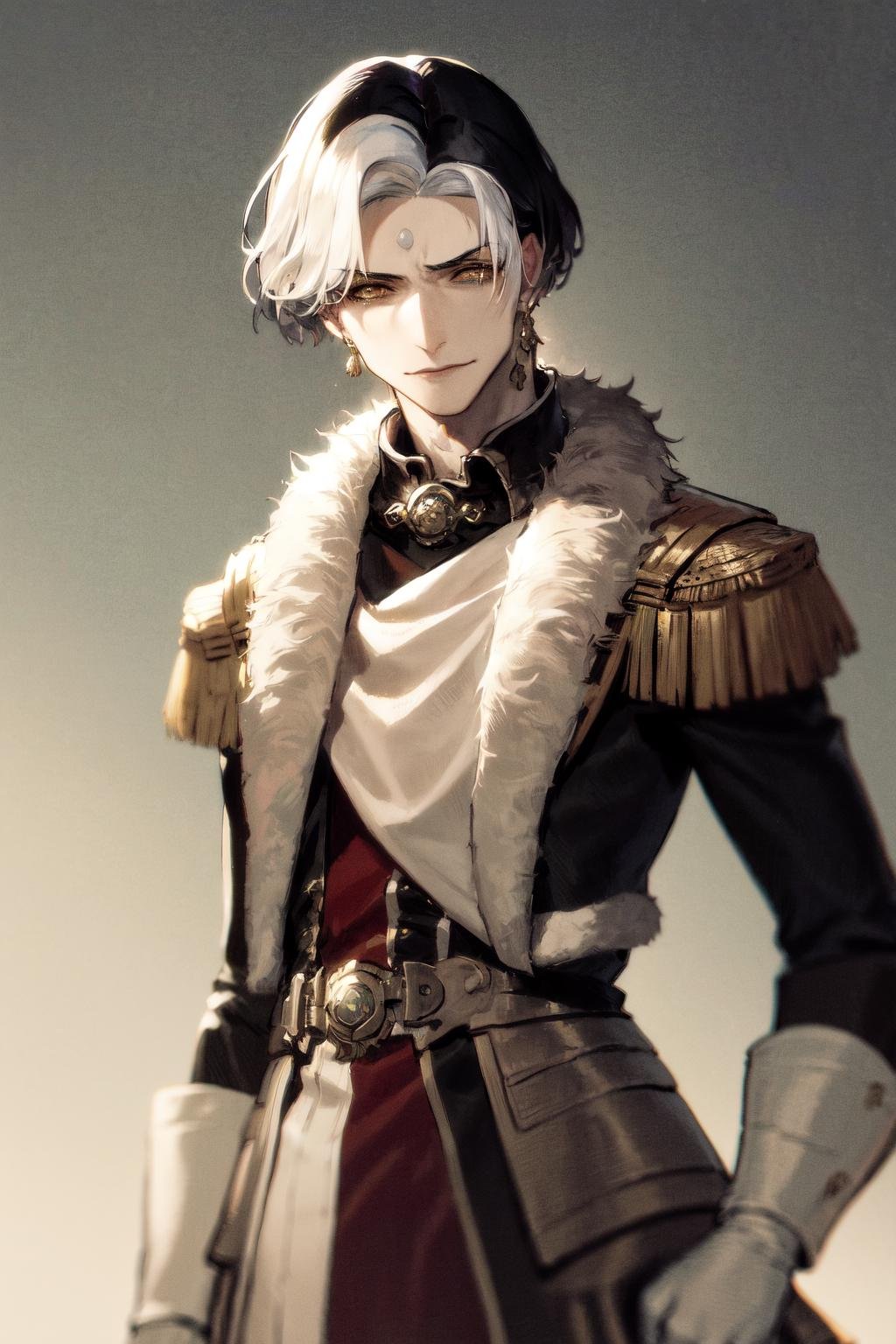 masterpiece, best quality, highres, 1boy, solo, emet selch, white streaked hair, black hair <lora:emet_selch3-000001:1>