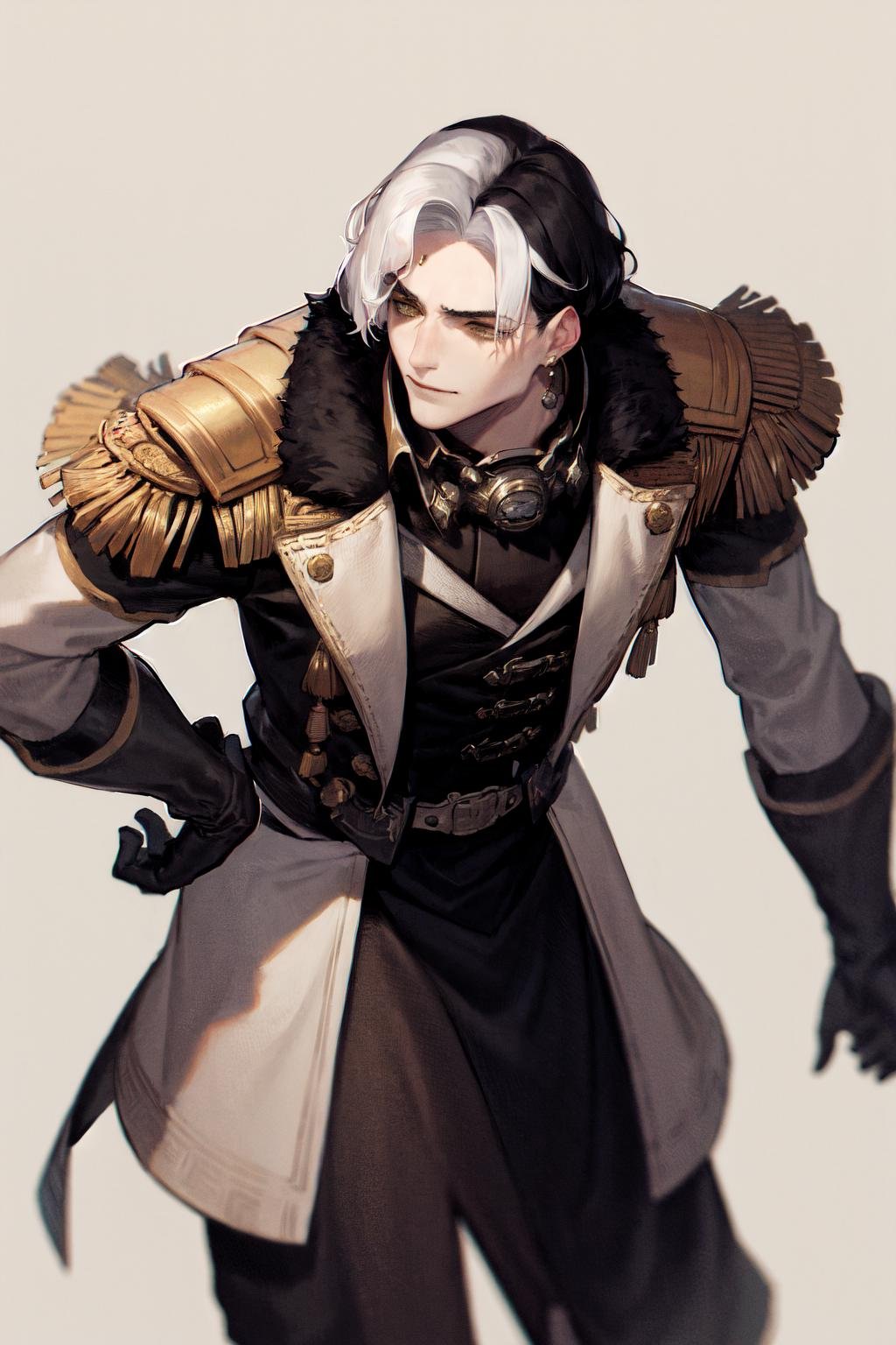 masterpiece, best quality, highres, 1boy, solo, emet selch, white streaked hair, black hair <lora:emet_selch3-000001:1>