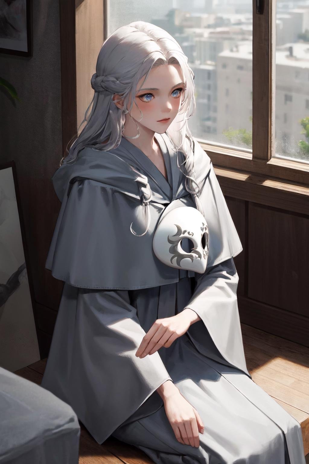 masterpiece, best quality, highres, 1girl, venat, grey robe, mask <lora:venat:1> sitting