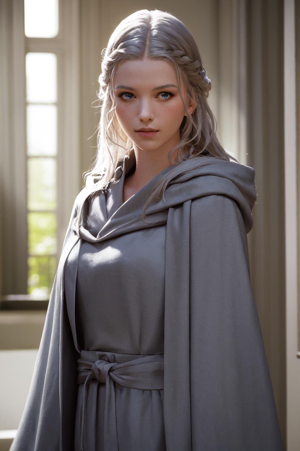 masterpiece, best quality, highres, 1girl, venat, grey robe <lora:venat:1> photorealistic