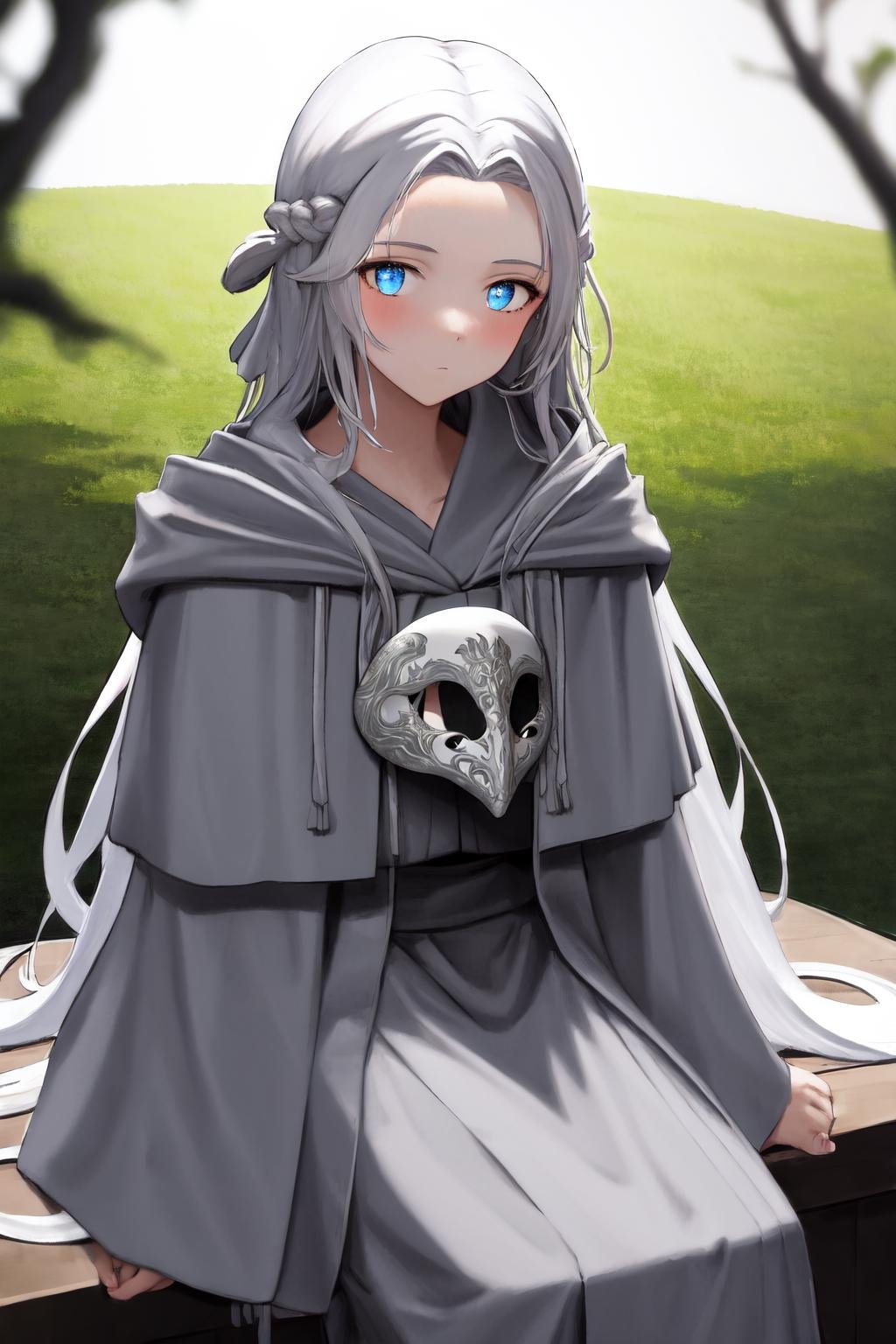 masterpiece, best quality, highres, 1girl, venat, grey robe, mask <lora:venat:1> sitting