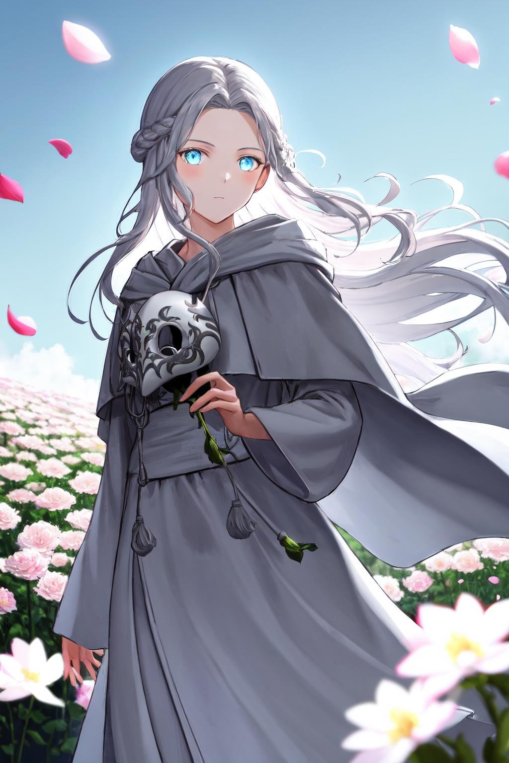 masterpiece, best quality, highres, 1girl, venat, grey robe, mask <lora:venat:1> looking at viewer, standing, wind blowing, petals, holding flower, glowing, outdoors