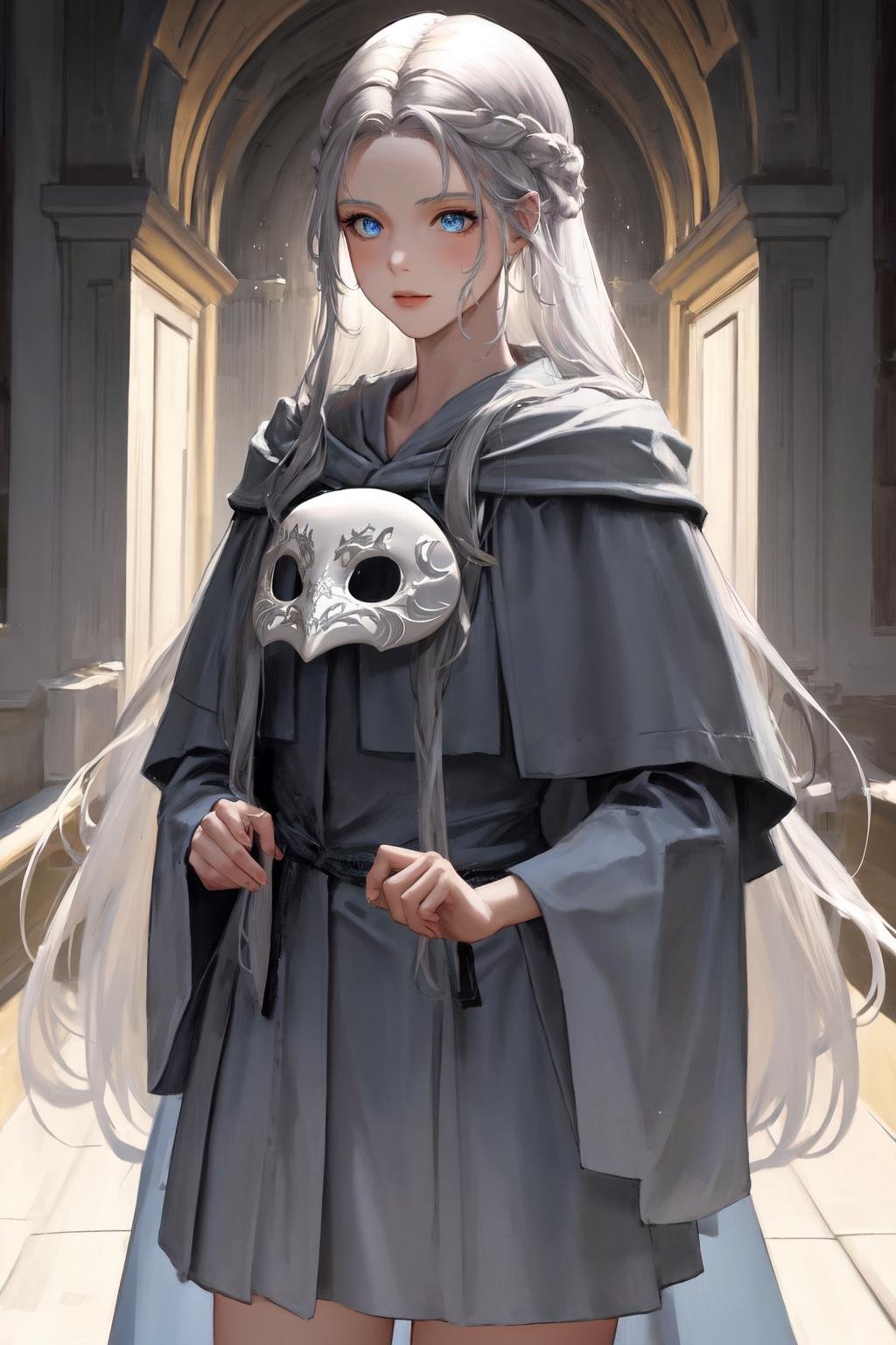 masterpiece, best quality, highres, 1girl, venat, grey robe, mask <lora:venat:1>