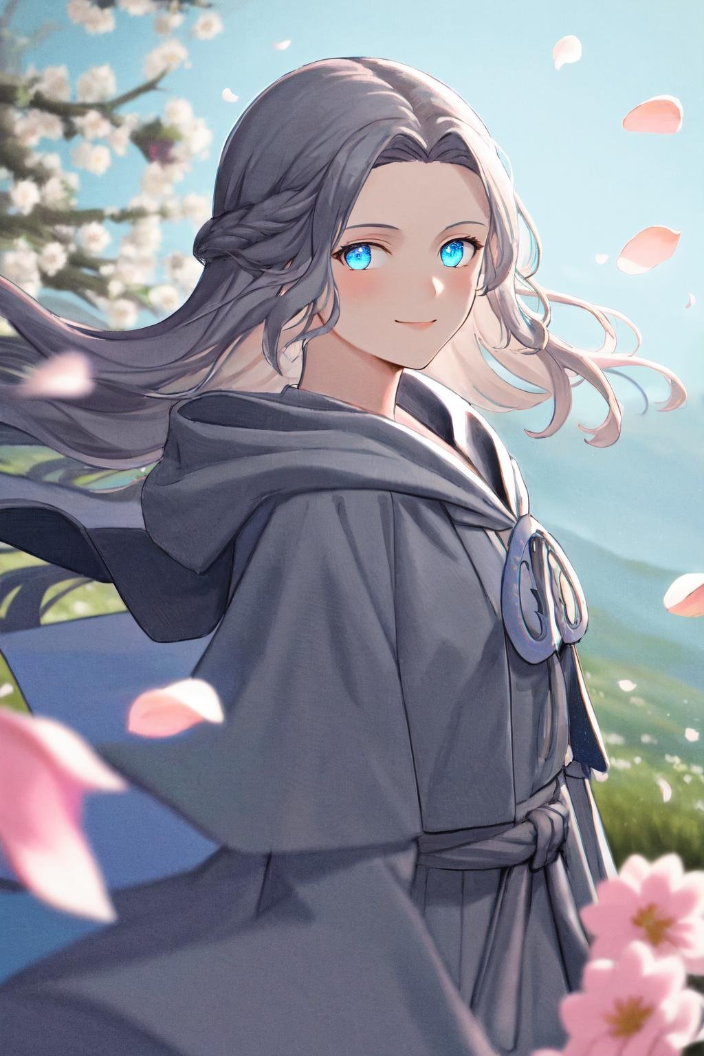 masterpiece, best quality, highres, 1girl, venat, grey robe, mask <lora:venat:1> smile, looking at viewer, standing, wind blowing, petals, holding flower, glowing, outdoors