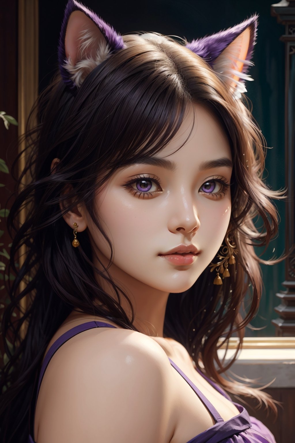 Asian girl, poster portrait of realistic masunya, (purple skin color:1.1), cat ears, solo, by Jeremy Lipking, by William Bouguereau, (by Alphonse Mucha:0.5), by d-art , sfw ,asian girl