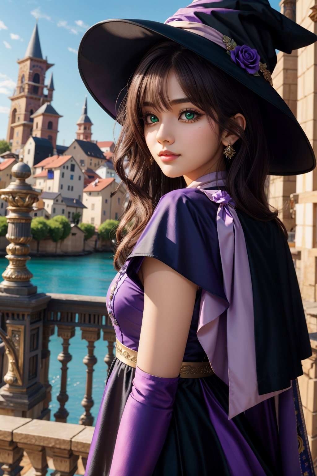 a asin girl, perfect face, arms at sides, masterpiece, ultra high res, high quality, 4k, upper body:1.5,  lisa (genshin impact), urple witch hat, green eyes, brown hair, (PureErosFace_V1:0.008), (european:1.6), bangs, dress, rose, jewelry, witch, capelet, purple headwear, black gloves, purple flower, hair between eyes, purple rose, parted lips, purple capelet, hat flower, multicolored dress, hair ornament,  windmill, from side,asian girl