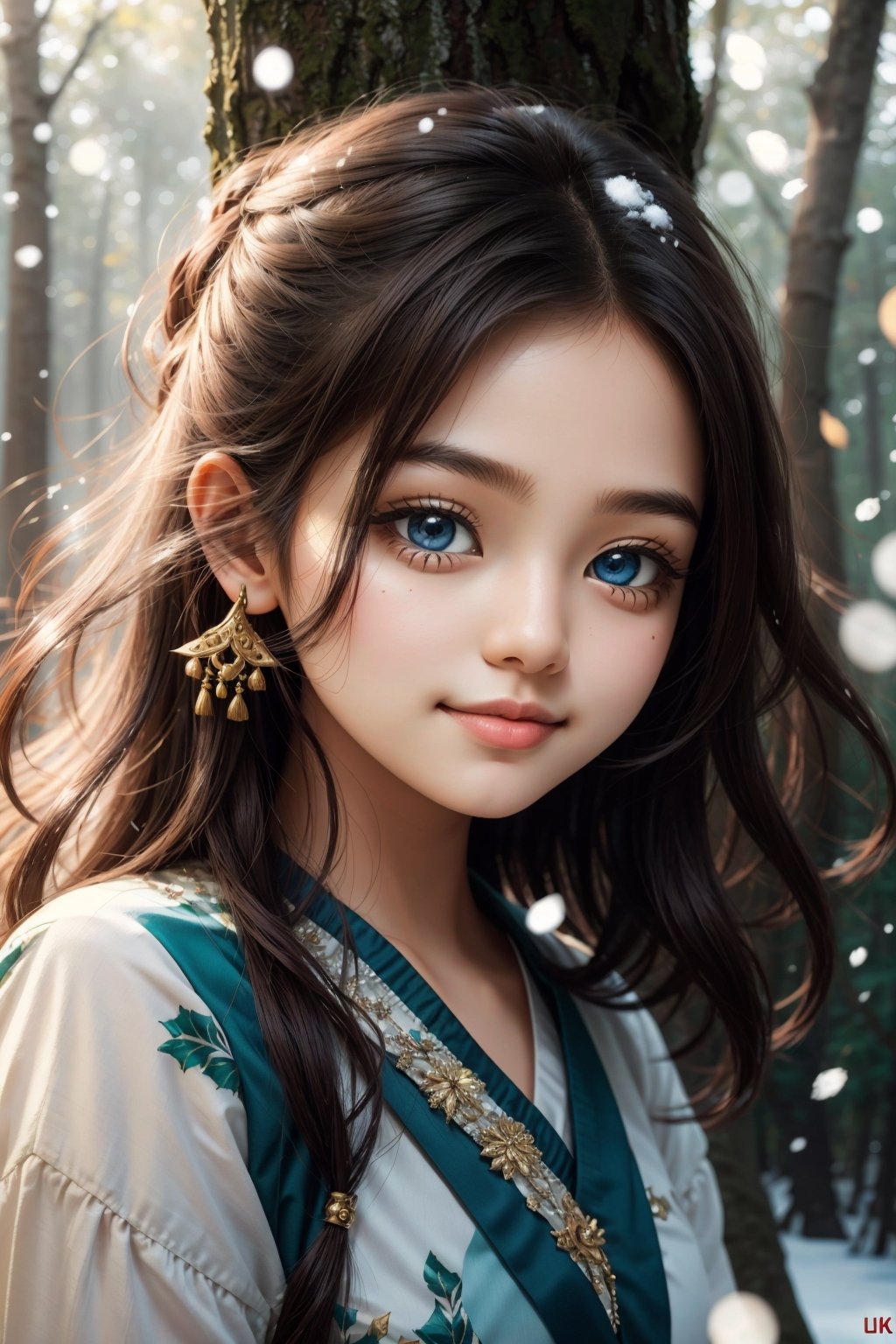 Closed lips, cute smile, asian girl, Portrait, high quality, Ukrainian little girl fairy winter snow in the forest through the trees About 10 years old, blue eyes, smooth skin, ((Best quality, 8k, Masterpiece :1.3)), 1girl, Pretty girl , Casual outfit :1.2, in the forest, Ultra-detailed face, Detailed eyes, Double eyelid,asian girl