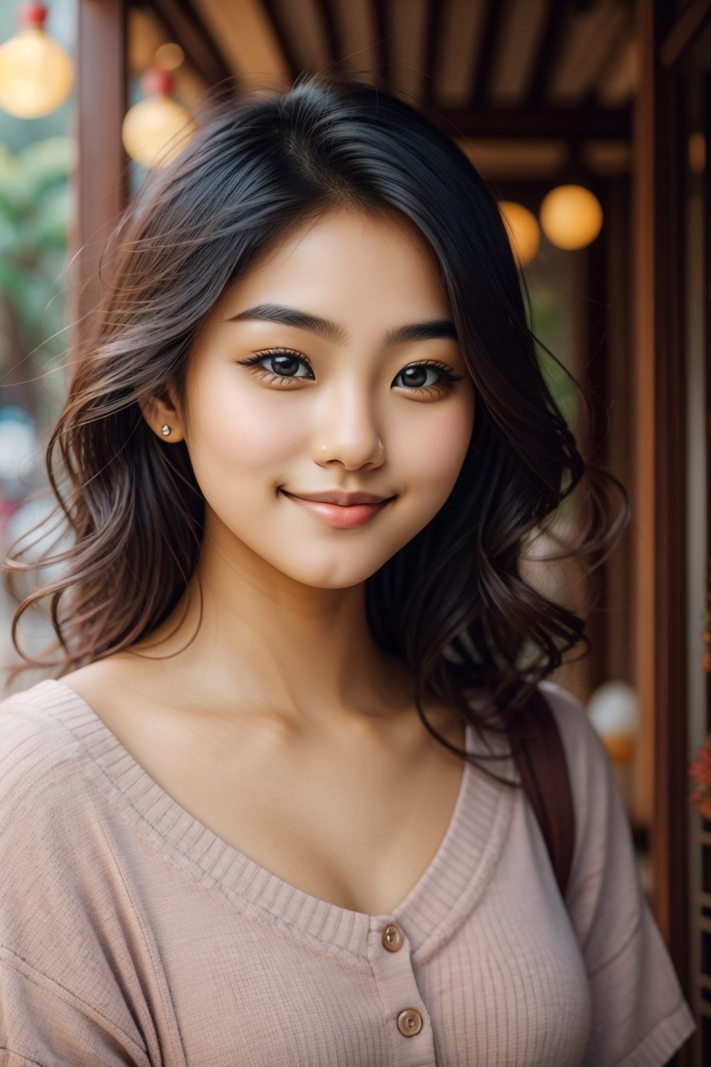 Closed lips, cute smile, asian girl, a women