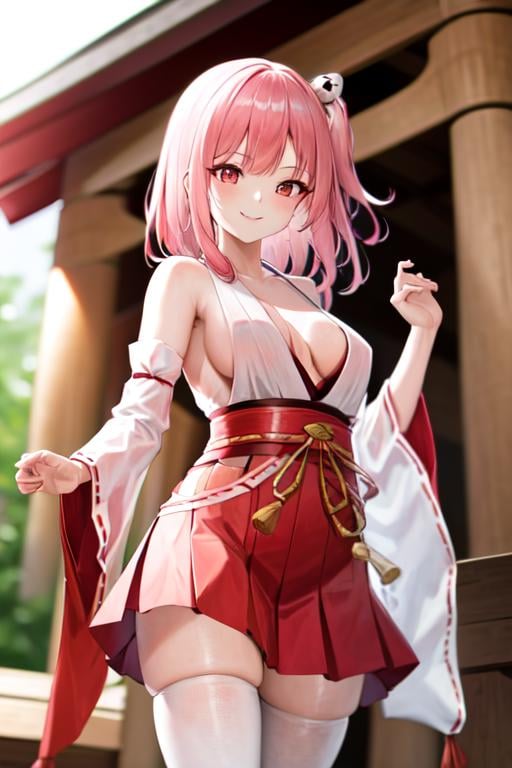 masterpiece, best quality, highres, 1girl, honoka, miko, hakama skirt, standing, shrine, smile <lora:doa_honoka:1.0>