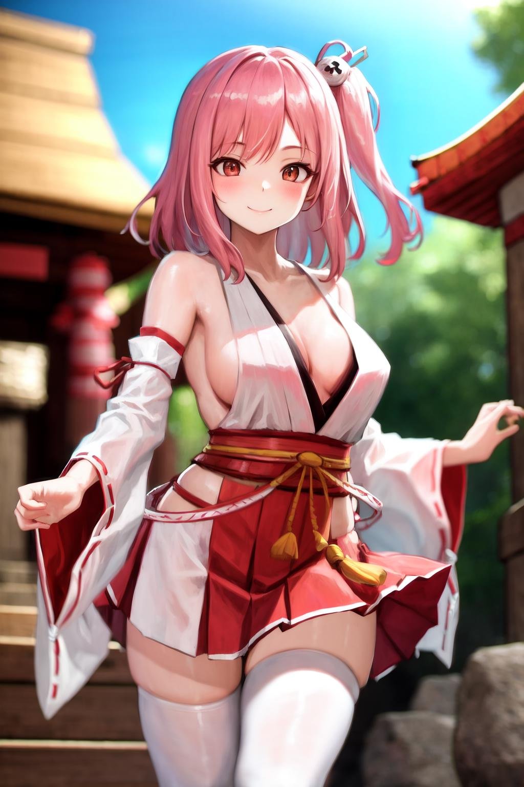 masterpiece, best quality, highres, 1girl, honoka, miko, hakama skirt, standing, shrine, smile <lora:doa_honoka:1.0>