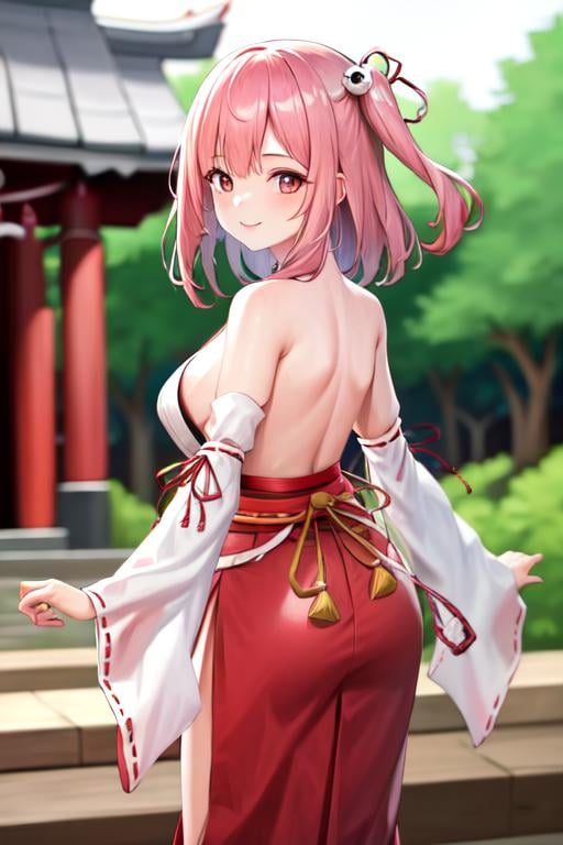 masterpiece, best quality, highres, 1girl, honoka, miko, hakama skirt, shrine, smile, from behind <lora:doa_honoka:1.0> 