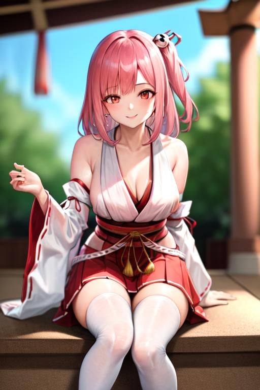 masterpiece, best quality, highres, 1girl, honoka, miko, hakama skirt, sitting, shrine, smile <lora:doa_honoka:1.0> 